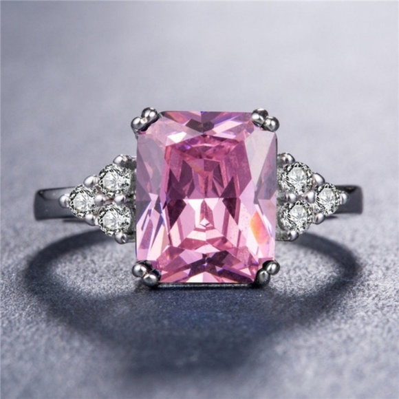 Elegant 925 Silver Princess Cut Pink Sapphire Ring - Picture 2 of 4